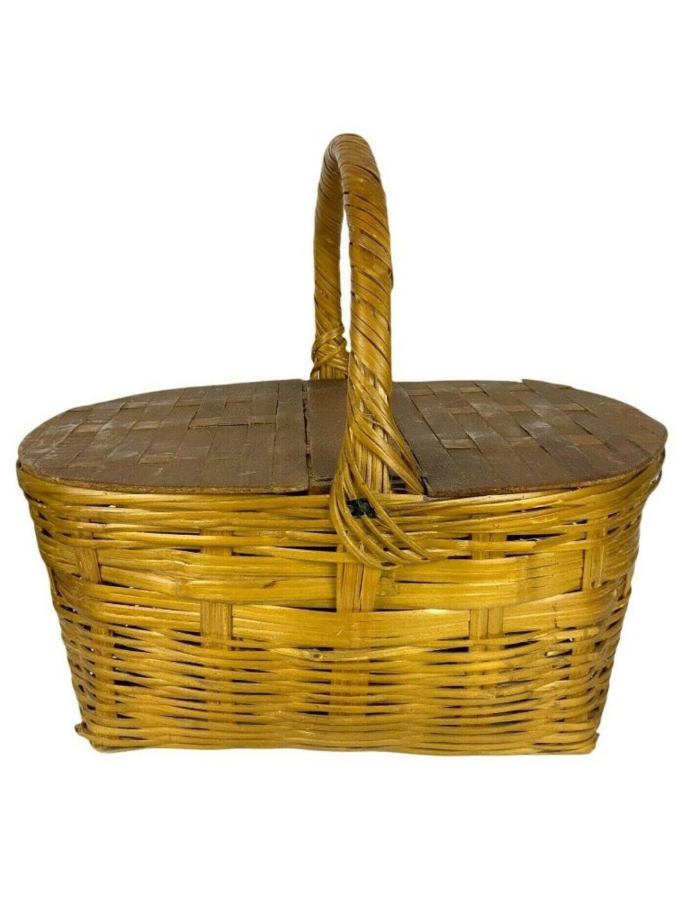 Vintage Wicker Picnic Basket With Wood Double Hinged Lid Farmhouse Style